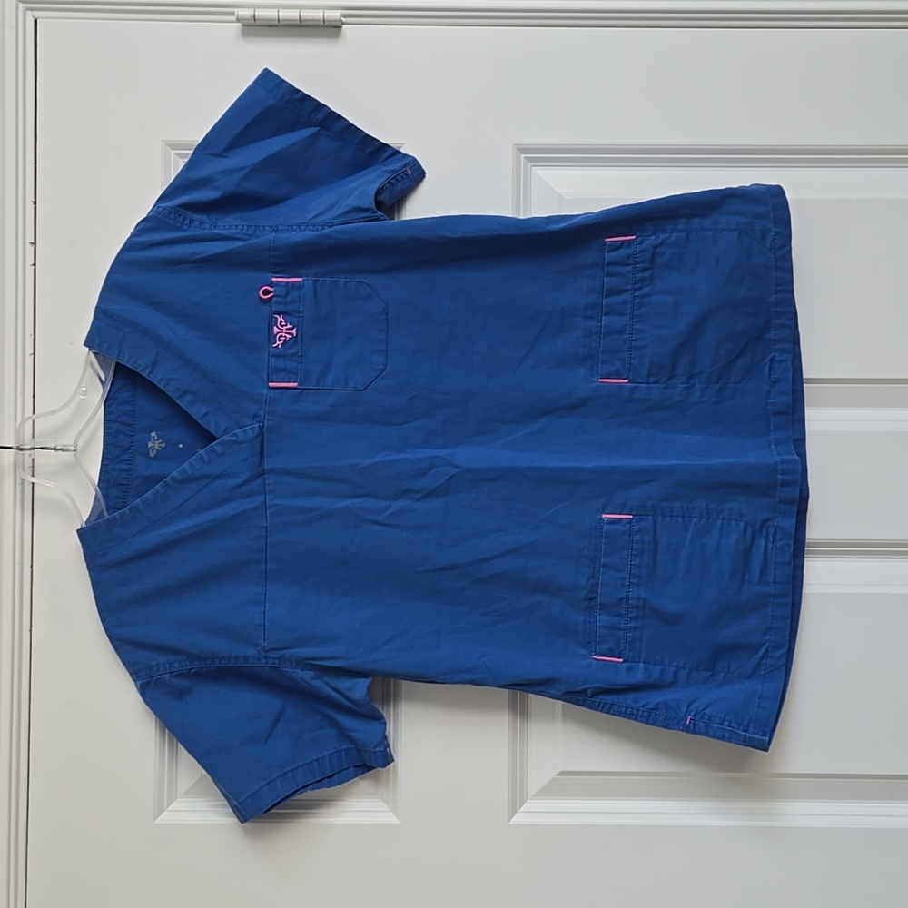 Med Couture Blue Scrub Top with Pink Accents